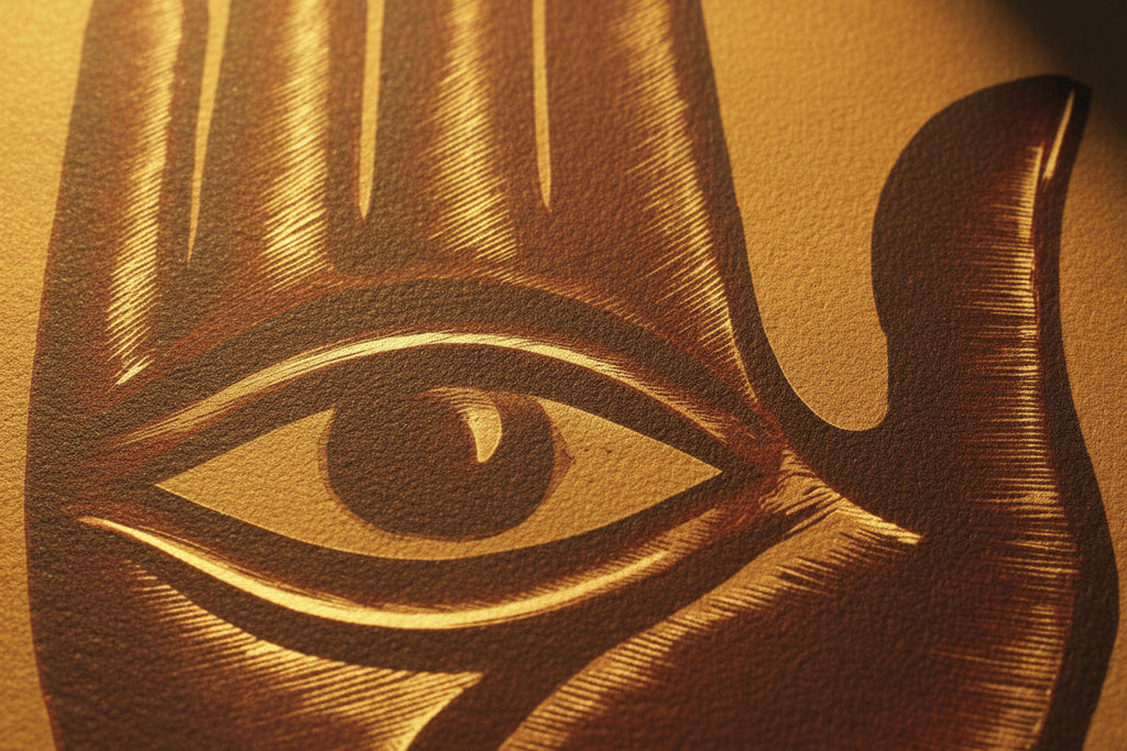 Hand and eye area rug in maroon and gold, Global Village Coffeehouse style