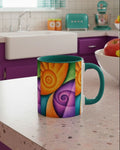 A ceramic mug with a vibrant, multicolored abstract shell pattern in orange, purple, and green, featuring a solid teal handle and interior on a white background.