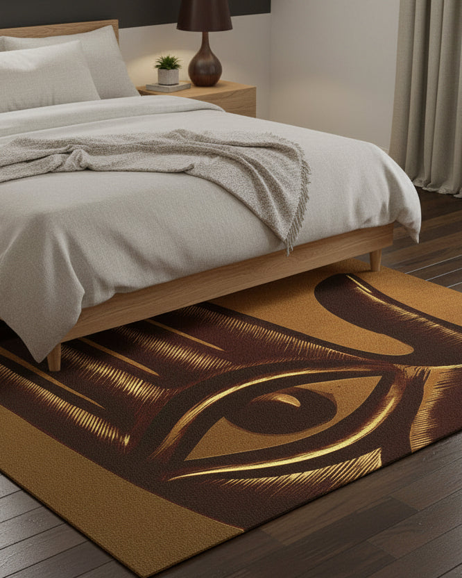 A square art print featuring a stylized Hamsa hand with an eye motif, rendered in dark brown and gold tones against a matching textured background, centered on a white canvas.