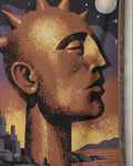 A woven throw blanket featuring a stylized portrait of a sun-faced figure in profile against a starry sky and landscape, with fringed edges, shown on a plain white background.