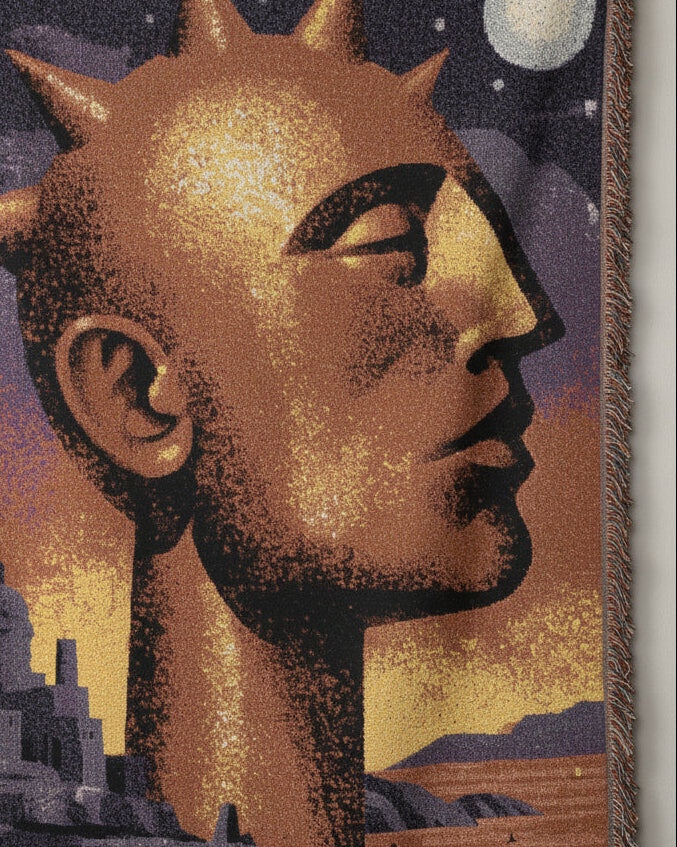 A woven throw blanket featuring a stylized portrait of a sun-faced figure in profile against a starry sky and landscape, with fringed edges, shown on a plain white background.